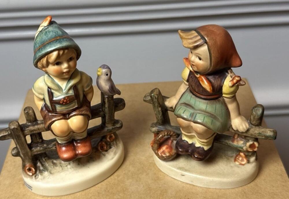 Vintage Goebel Hummel Figurines Pair Boy Girl on Fence Wayside Harmony W Germany